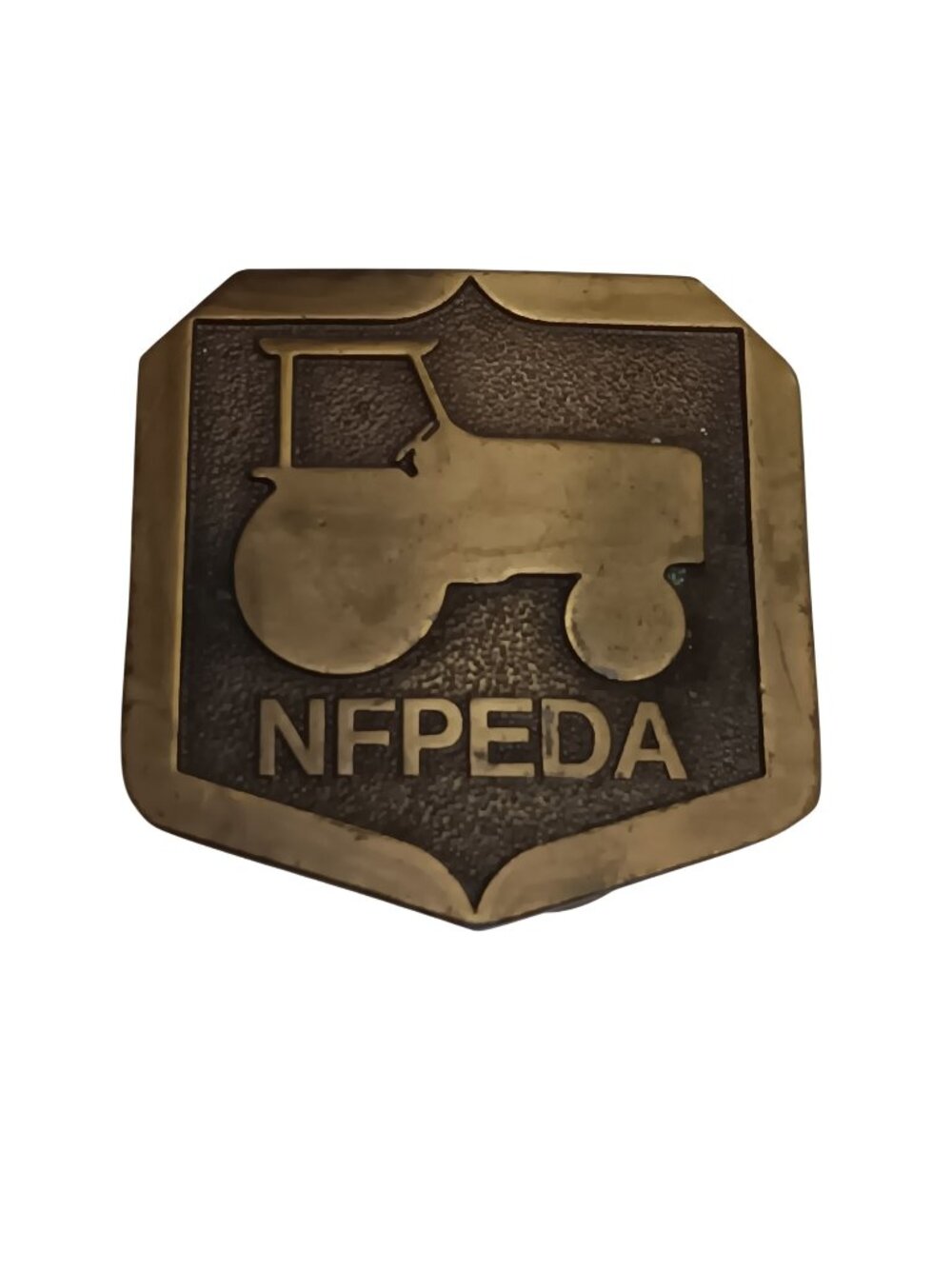 Vintage 1979 NFPEDA Bergamot Brass Works Belt Buckle Farming Supply with Tractor